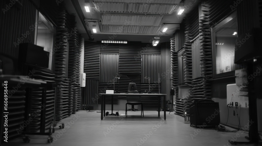 Poster conducting tests in a specialized laboratory on innovative feather based baffles, measuring decibel 