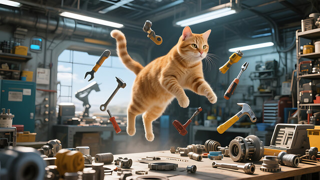Ginger cat in mid-air surrounded by flying tools in a workshop, playful and dynamic scene in a garage setting with bright sunlight