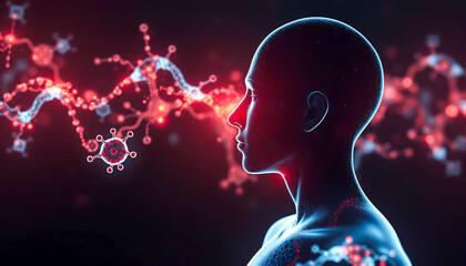 A futuristic representation of a human head interacting with a molecular neural interface, symbolizing AI and human connection.