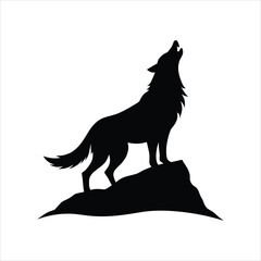 Black silhouette of a wolf standing on a rock formation and howling upwards, isolated on a white background