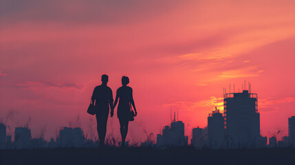Couple Silhouetted Against a Futuristic City Sunset Reflection