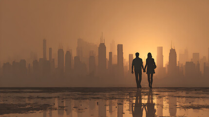 Couple Silhouetted Against a Futuristic City Sunset Reflection