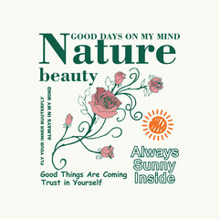 Rose graphic design with natural motifs. Vintage floral vector artwork for t-shirts and more.