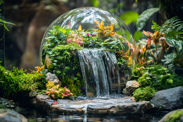 a small waterfall in a glass ball surrounded by plants