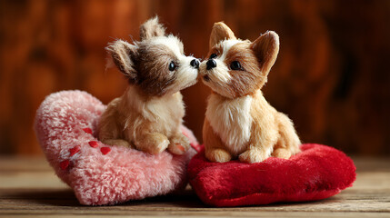 Adorable Plush Puppies Kissing on Heart Pillows