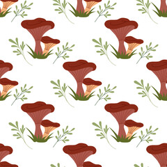 Seamless pattern with chanterelle mushrooms and leaves. Colorful vector background for packaging, fabric, paper, wallpaper, scrapbook.