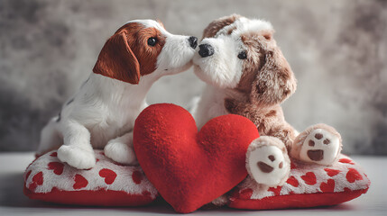 Adorable Plush Puppies Kissing on Heart Pillows