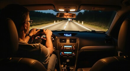 Fototapeta premium Interior Night Scene of a Road Trip Driver Illuminated by Dashboard Lights, Focused on the Road