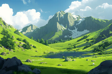 a mountain landscape with a lake and a few sheep