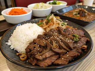 Savor the Flavorful Korean BBQ Bulgogi Meal with Steaming White Rice and Vibrant Side Dishes, Perfect for a Delicious and Satisfying Lunch or Dinner Experience at Your Favorite Restaurant