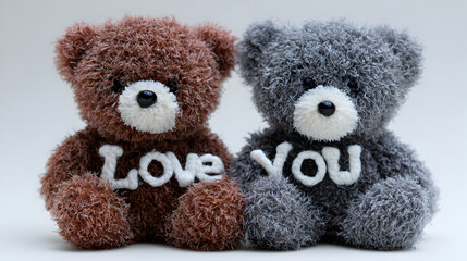 Love You" Message on Two Fluffy Teddy Bears