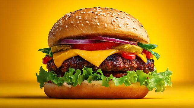 delicious hamburger with fresh toppings bright vibrant background