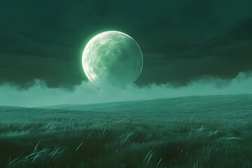 a full moon is seen over a grassy field