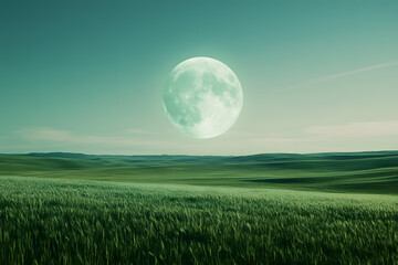 a full moon is seen over a grassy field