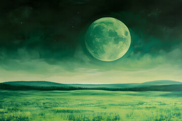 a painting of a full moon over a green field