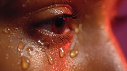 Slowmotion image of water droplets falling from sweaty brow enhanced by a melting temperature gradient from soft yellow to blazing red.