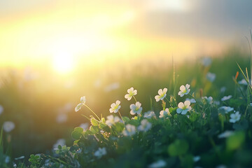 a field of grass with white flowers in the foreground