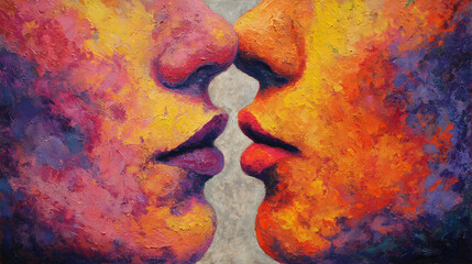 Pop Art Kiss: Young Couple in a Red Heart Silhouette