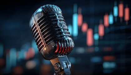 Retro glowing microphone with blue stock market chart background. Podcast audio recording radio report concept.