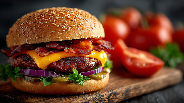 Delicious Burger With Bacon, Cheese, and Fresh Ingredients on a Wooden Board