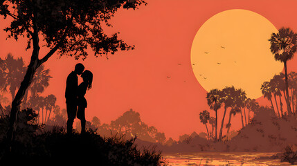 Romantic Tropical Sunset Silhouette of a Couple