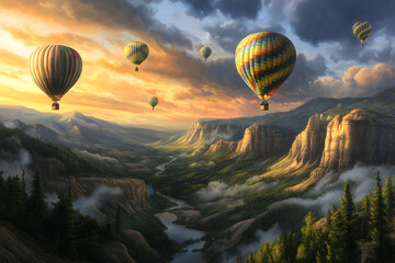 a painting of a mountain with a valley and several hot air balloons