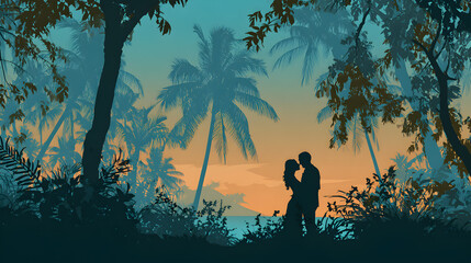 Romantic Tropical Sunset Silhouette of a Couple