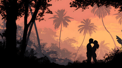 Romantic Tropical Sunset Silhouette of a Couple