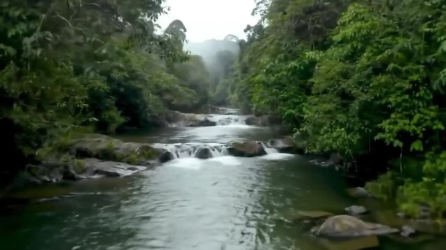 Drone video following a winding river through a lush green rainforest.