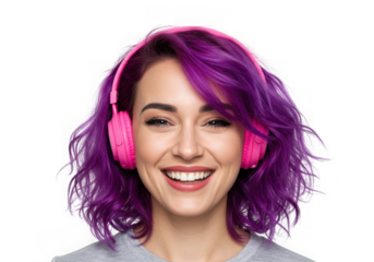 Woman with purple hair wearing pink headphones and smiling on transparent background