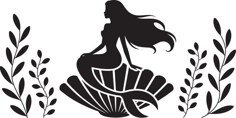 Silhouette Mermaid on Seashell with Seaweed Vector Illustration for Underwater Theme Design