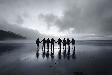 a group of people holding hands on a beach