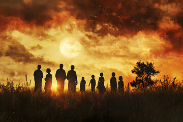 a group of people standing in a field at sunset