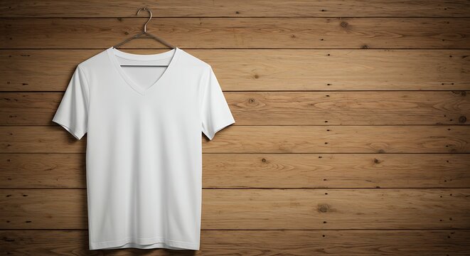 A plain white vneck tshirt hangs on a hanger against a wooden background