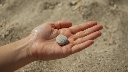 Photorealistic Close-up of a Hand Gently Holding a Smooth, Round Grey Pebble, Symbolizing Simplicity, Nature, and Mindfulness