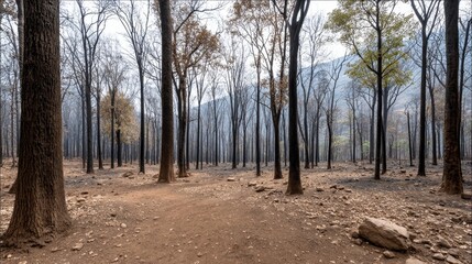Fototapeta premium Transforming wild forest after fire renewing flames of rebirth in peaceful regrowth environment