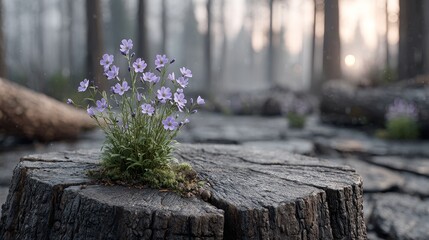 Renewing life wildflowers emerge from charred stumps in forest transforming the landscape with hope and flame