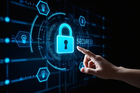 A person's finger touching a glowing blue padlock on a digital screen, representing cybersecurity and data protection.