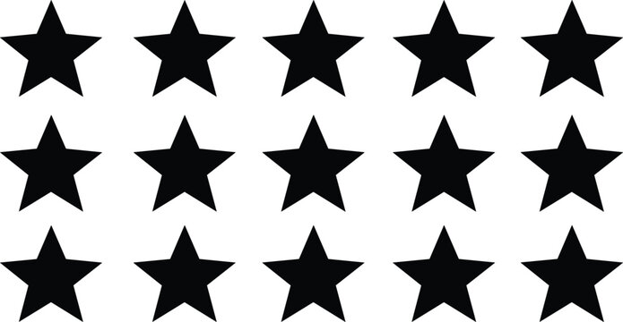 Black star icon set, simple five-pointed stars pattern, vector rating symbols, silhouette design for badge, ranking, favorite, review graphics