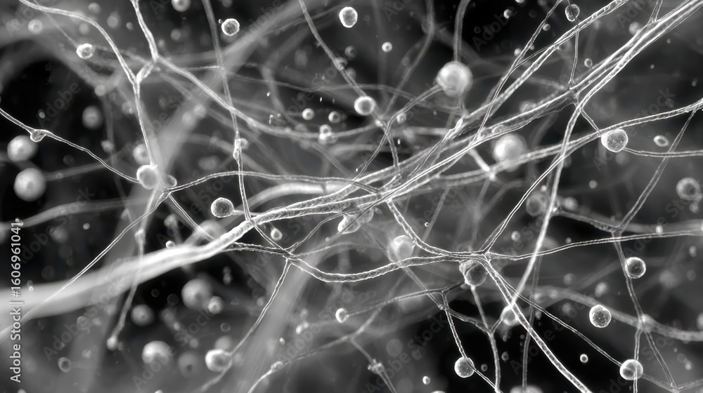 Poster microscopic view revealing an intricate network of interconnected fibers and spheres, embodying conc