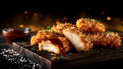 A generous pile of golden-brown crispy chicken tenders, one cut open and drizzled with a rich sauce 