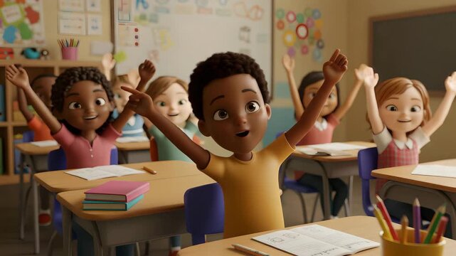 Young cute black schoolboy raising hand to answer question from teacher, classroom. Happy kid elementary student learning while sitting at desk during lesson. Education. Cartoon 3d illustration video - Powered by Adobe