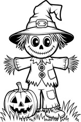 Happy scarecrow with pumpkin and grass halloween autumn