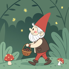 Cheerful Garden Gnome with Mushrooms in Magical Forest – Whimsical Digital Art	