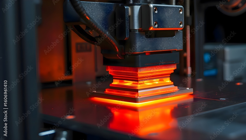 Poster a 3d printer operating with a red light illuminating the device, highlighting modern additive manufa
