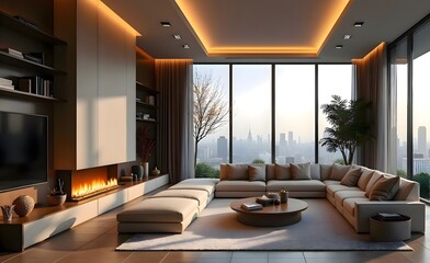 Fototapeta premium A modern living room featuring a couch, coffee table and a television in a bright indoor space with clean and organized interior arrangement