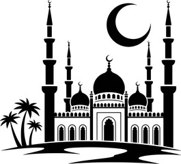 Islamic mosque with crescent moon and palm trees vector