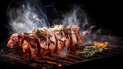 meat roasting over intense barbecue heat with smoke trails