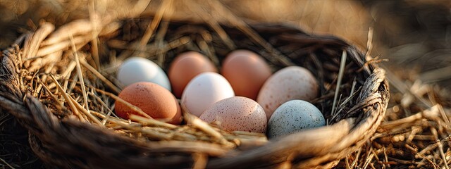 A woven basket filled with fresh eggs from the farm