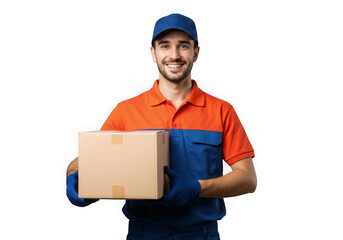 Delivery person holding package smiling on transparent background